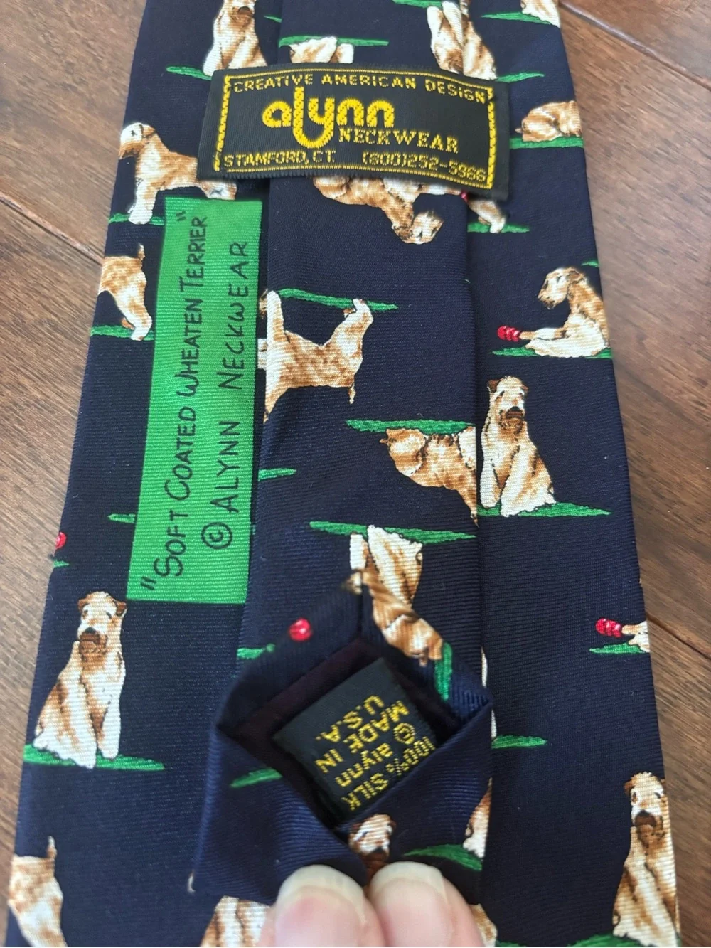 Alynn Neckwear Soft Coated Wheaten Terrier Dog Silk Tie Navy Blue Vintage